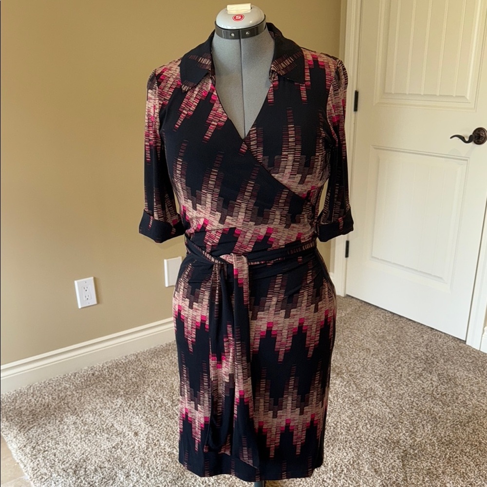 le chateau Black Midi Wrap Dress with Pink and Taupe Geometric Print